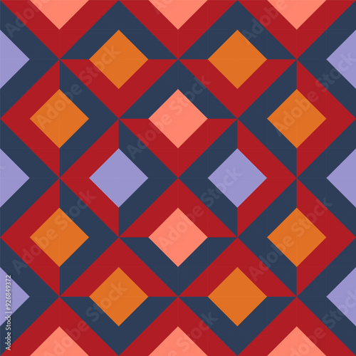 Bright seamless pixel pattern in Mexican style. Vivid tribal geometric triangles and squares ornament. Aztec rug background.