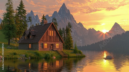 Solar-powered floating house, on a calm lake, surrounded by mountains, golden hour light