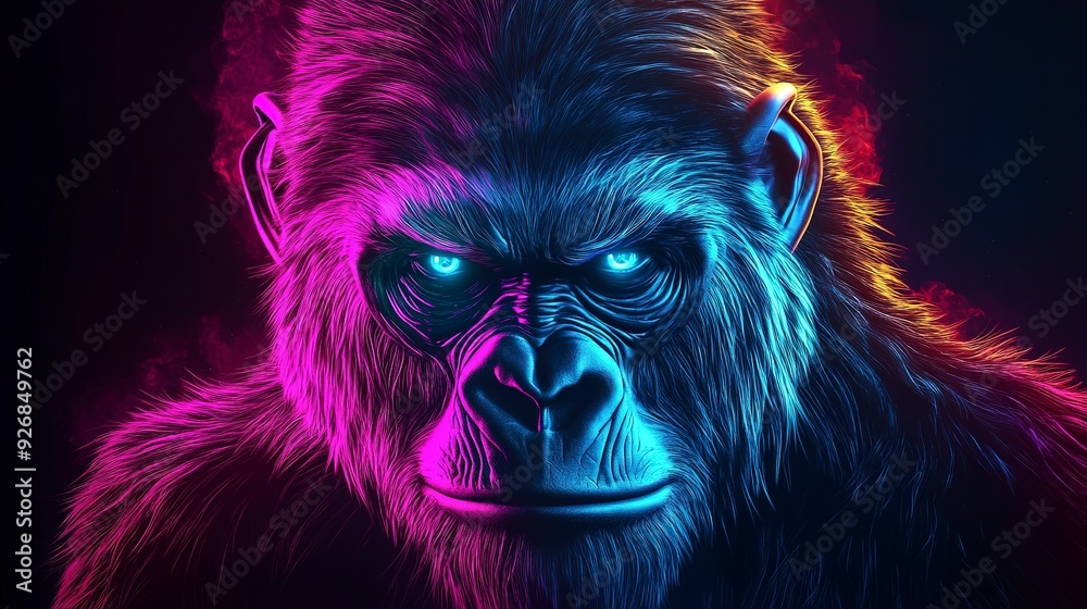 Powerful Neon Gorilla with Glowing Fur and Eyes on Dark Background Powerful Neon Gorilla with Glowing Fur and Eyes on Dark Background
