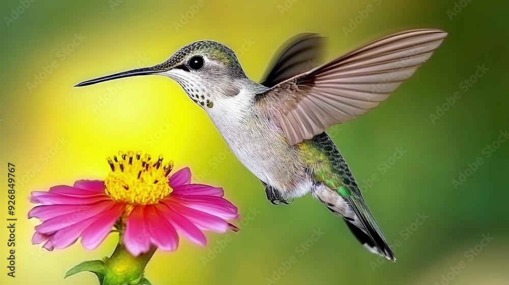 Naklejka premium Tiny hummingbird, hovering near a vibrant flower, with wings blurred in motion, bright natural light