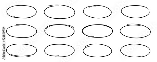 Black circle highlight, pen ovals doodle. Marker ellipses frames in sketch style. Hand drawn vector illustration isolated on white background