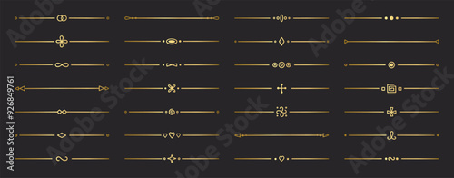 Gold text dividers doodle set. Wedding decorative elements. Divider ornament, borders, vintage line separators. Hand drawn vector illustration isolated on white background
