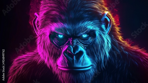 Powerful Neon Gorilla with Glowing Fur and Eyes on Dark Background