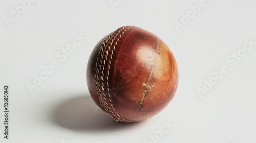 Antique cricket ball with detailed stitching on a white backdrop, creating a bold shadow, representing the essence of teamwork in cricket photo