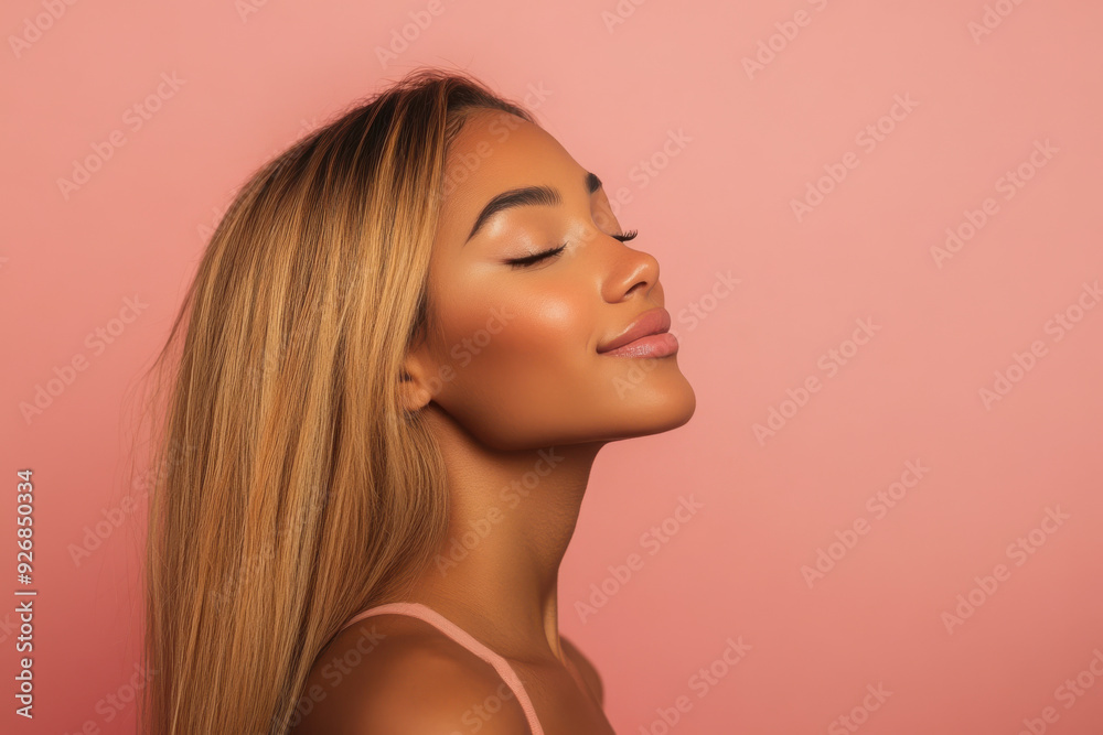 A close up of a woman's face with her eyes closed and long blond hair A close up of a woman's face with her eyes closed and long blond hair