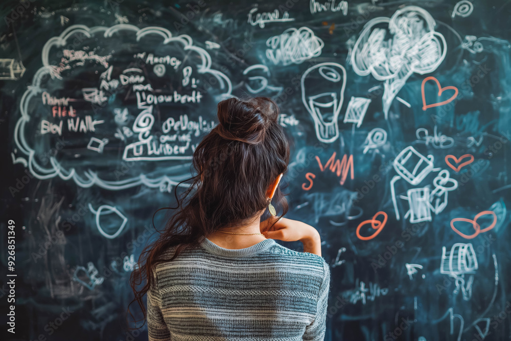 A student sitting at a desk in a classroom, looking at a chalkboard filled with notes and reminders. A student sitting at a desk in a classroom, looking at a chalkboard filled with notes and reminders.