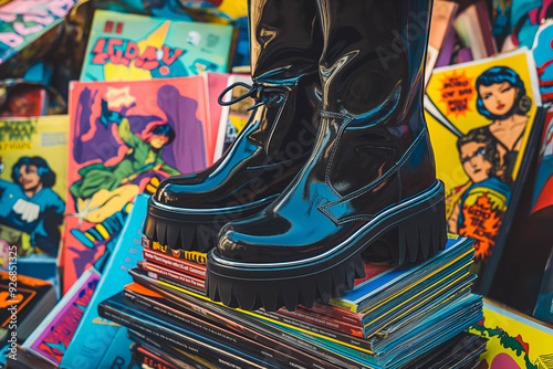 A Pair of Platform Boots Towering Over a Pile of Colorful Comic Books