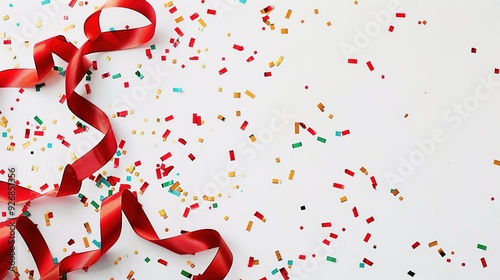 Red ribbon and confetti on white background.