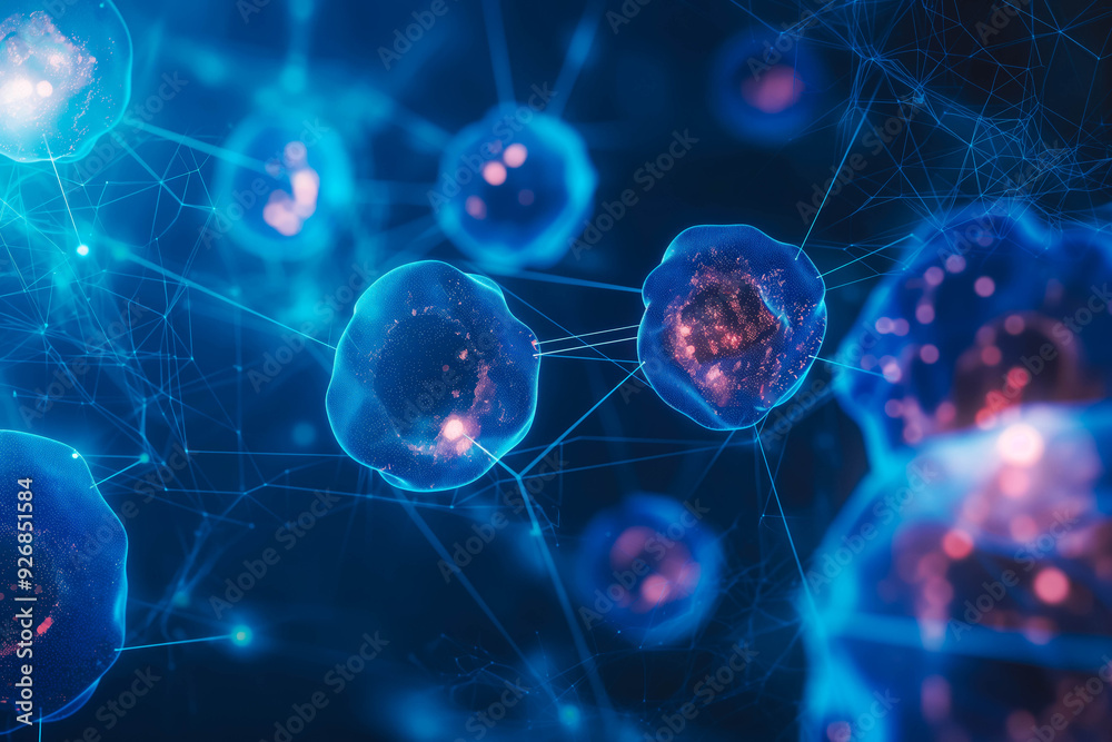 Biotech abstract concept with mesmerizing 3D cells creating a beautiful web of interconnected lines, emphasizing the beauty of science and technology. Biotech abstract concept with mesmerizing 3D cells creating a beautiful web of interconnected lines, emphasizing the beauty of science and technology.