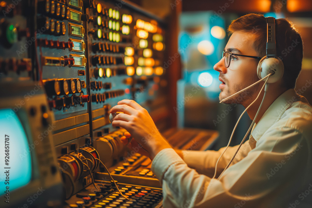 Call center employee using a retro switchboard to connect calls. Stock ...