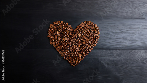 Heart shape made from coffee beans on wooden surface
