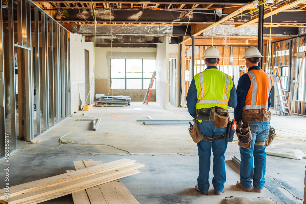 Fototapeta premium Construction workers assessing a space alone or with colleagues