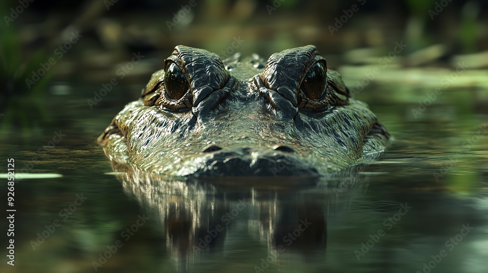 In the wetlands, an alligator glides silently through the water, its eyes and snout barely visible above the surface. In the wetlands, an alligator glides silently through the water, its eyes and snout barely visible above the surface.
