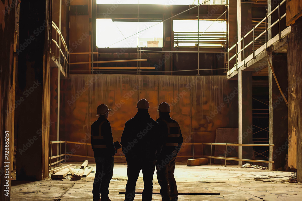 Fototapeta premium Construction workers assessing a space alone or with colleagues