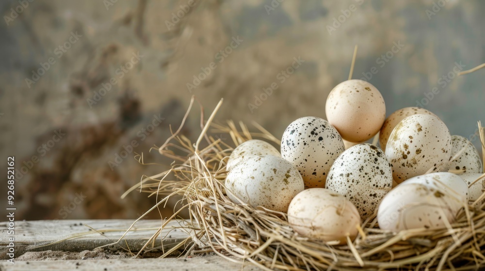 Obraz premium A pile of speckled eggs in a nest made of hay, on a rustic background.