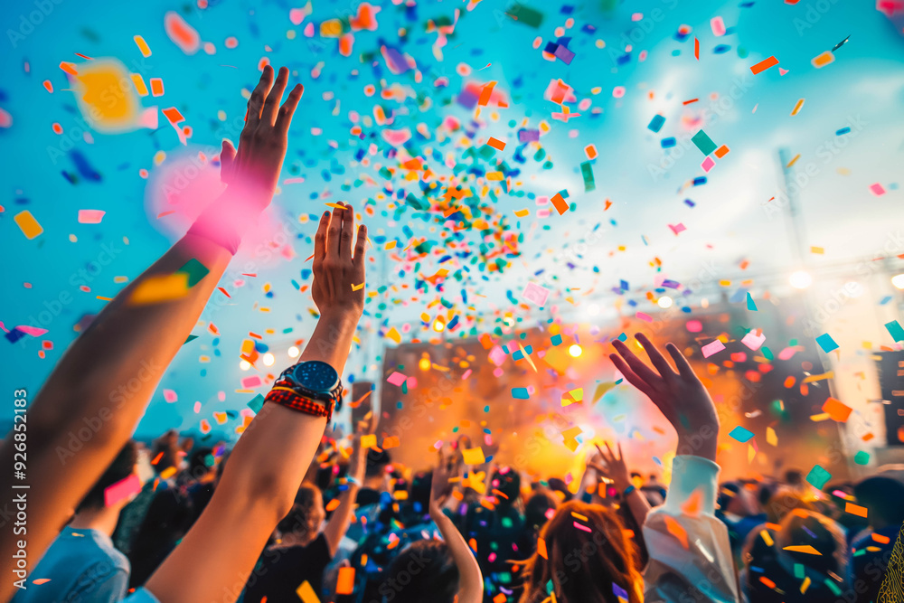 Crowd of people celebrating with confetti at festive outdoor event. Celebration and party atmosphere. Crowd of people celebrating with confetti at festive outdoor event. Celebration and party atmosphere.