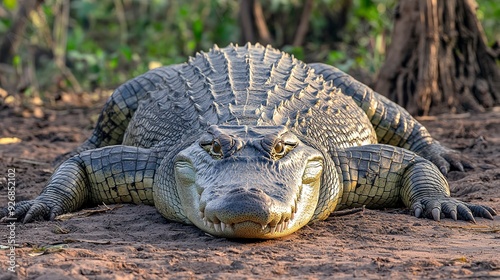 Large Crocodile Crocodylidae also true crocodiles is a large semiaquatic reptiles lying on a river bank in Africa photo