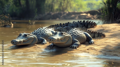 Crocodiles actus wild exotic dangerous , crocodile family relaxing on riverside photo