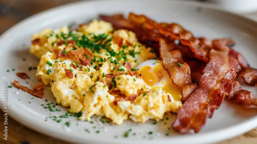 A plate of fluffy scrambled eggs, served with a side of crispy bacon. A plate of fluffy scrambled eggs, served with a side of crispy bacon.