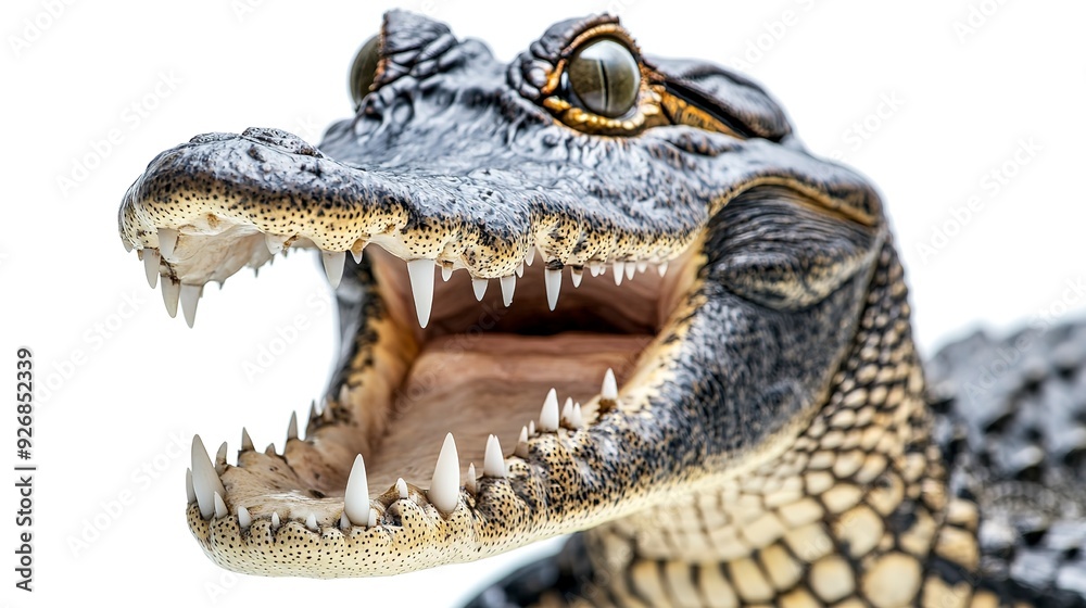 Fototapeta premium American crocodile with a wide open mouth and sharp teeth, against a white background
