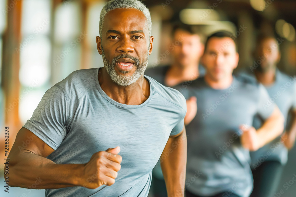 Determined man practicing jogging with male friends during exercise class in gym. Determined man practicing jogging with male friends during exercise class in gym.