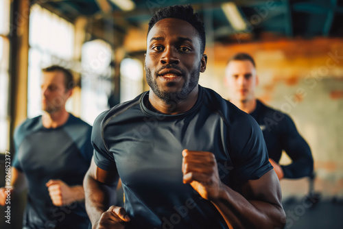 Determined man practicing jogging with male friends during exercise class in gym.