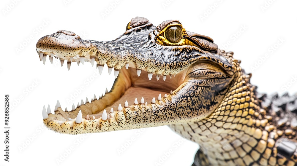 Fototapeta premium Young crocodile is opening its mouth showing its teeth against a white background