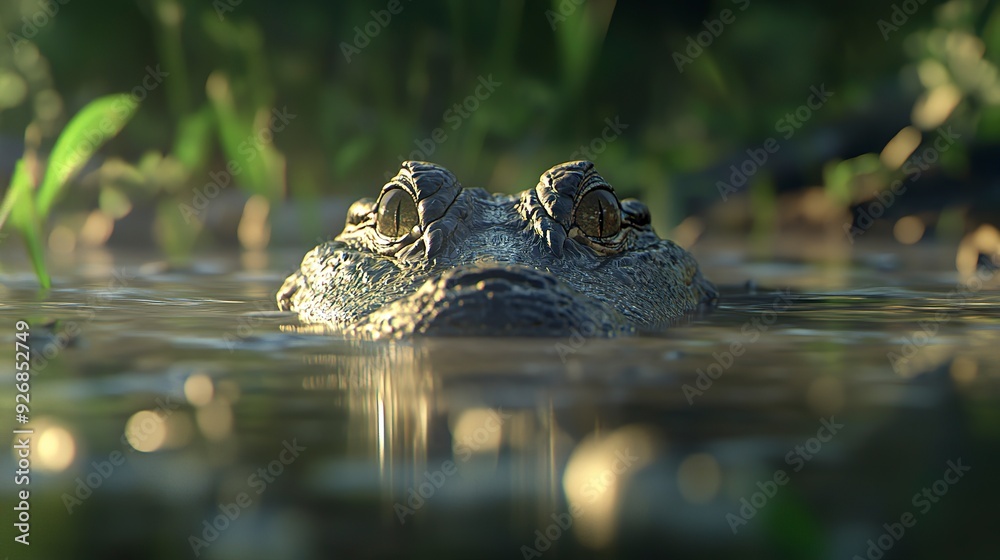 In the wetlands, an alligator glides silently through the water, its eyes and snout barely visible above the surface. In the wetlands, an alligator glides silently through the water, its eyes and snout barely visible above the surface.