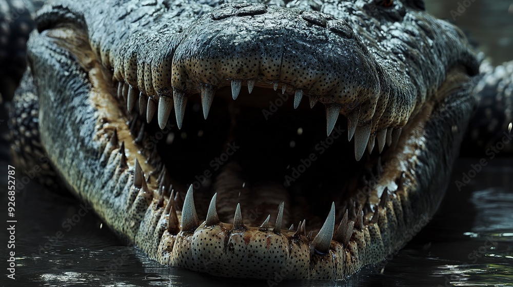 Obraz premium A menacing crocodile with its powerful jaws wide open, displaying rows of sharp teeth in a detailed close-up view 
