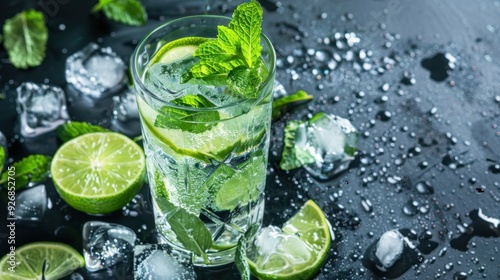 A refreshing mojito with mint leaves, lime slices, and ice, in a tall glass.