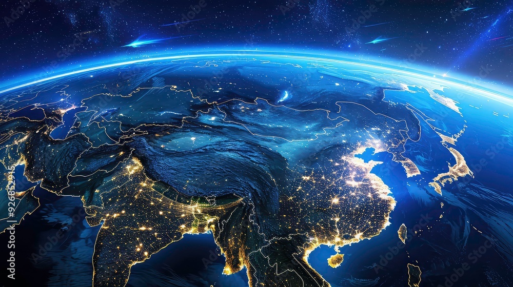 Fototapeta premium A satellite view of Earth at night, showcasing the glowing city lights of Asia, with a backdrop of stars and shooting stars in the dark blue sky.