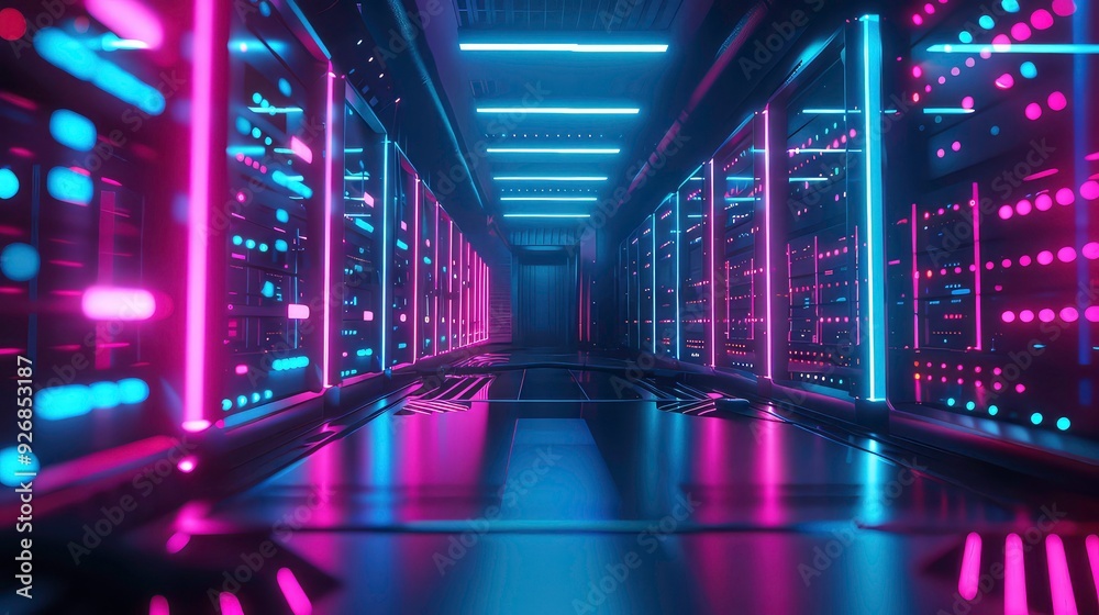 Fototapeta premium A futuristic server room illuminated with pink and blue neon lights.