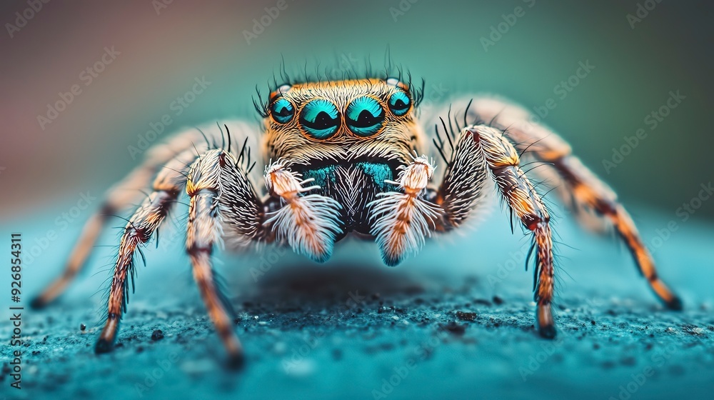 macro closeup of jumping spider with bright eyes and long legs crawling on surface in nature macro closeup of jumping spider with bright eyes and long legs crawling on surface in nature