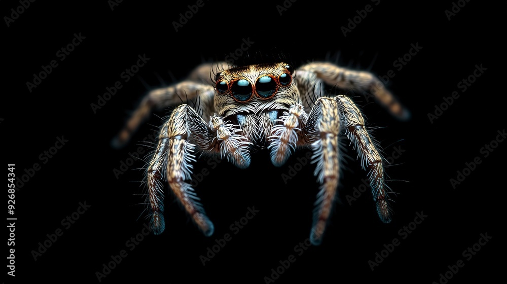A detailed view of a jumping spider in mid-air, captured against a black background, Jumping spider macro close-up on a dark background A detailed view of a jumping spider in mid-air, captured against a black background, Jumping spider macro close-up on a dark background