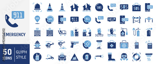 Emergency icon set. Containing ambulance, lifebuoy, first aid, police, medical, hospital and SOS icons. Solid icon collection.