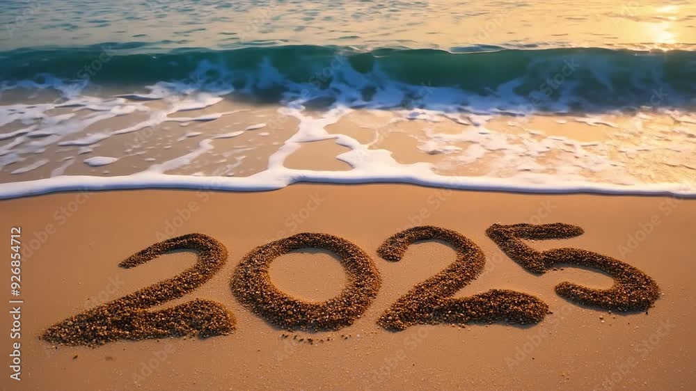 Ocean waves crashing on sandy beach with 2025 written in sand Ocean waves crashing on sandy beach with 2025 written in sand