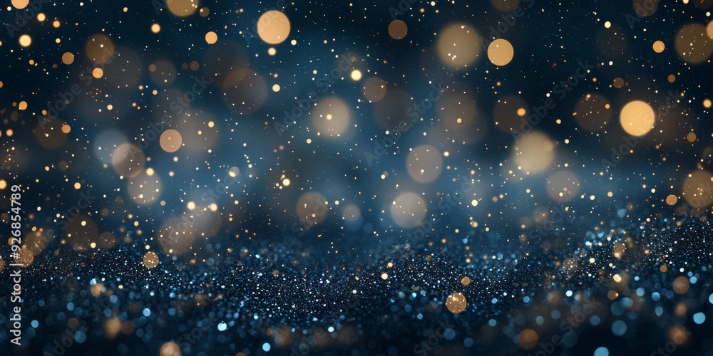abstract background featuring a dark Blue gradient with soft bokeh effects in various shades of Blue and gold