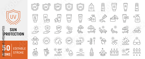 Sun protection icon set. Contains icons sunscreen, ultraviolet, sunglasses, SPF protection, umbrella, sunburn, sun hat and more. Vector illustration.