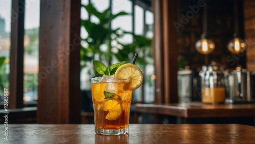 Fresh iced lemon tea with lemon slices and mint leaves, served in a tall glass in a wooden decorated cafe