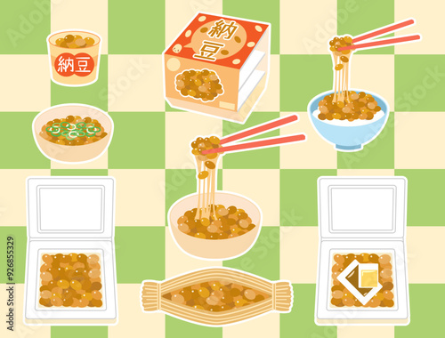 納豆のイラストのセット　白フチ付きバージョン