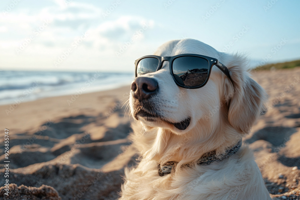 A dog wearing sunglasses enjoying a sunny day at the beach A dog wearing sunglasses enjoying a sunny day at the beach