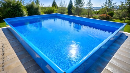 Blue rectangular vinyl pool filled with water, summer, pool, water, blue, vinyl, rectangle, outdoor, recreation, relaxation