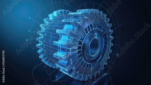 A wireframe model of a large gear or a cog wheel, with a deep blue background. The gear is surrounded by a blue wireframe that forms a circle, possibly depicting a blueprint or a technical diagram. photo