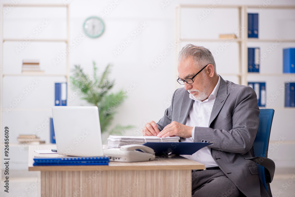 Old male employee working in the office Old male employee working in the office