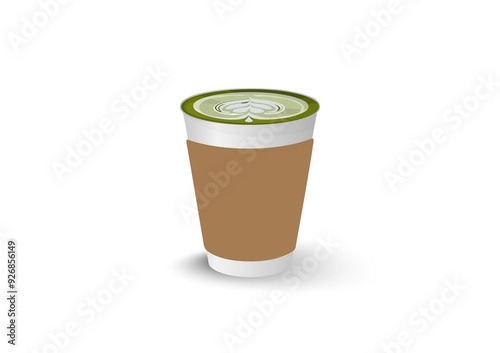 Hot green tea latte in white paper container cup with brown sleeve in white background
