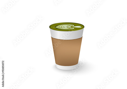 Hot green tea latte in white paper container cup with brown sleeve in white background