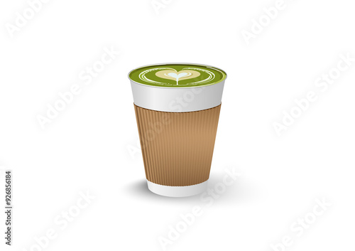 Hot green tea latte in white paper container cup with brown sleeve in white background