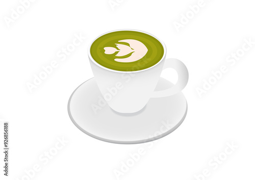 Hot green tea latte in white paper container cup with brown sleeve in white background