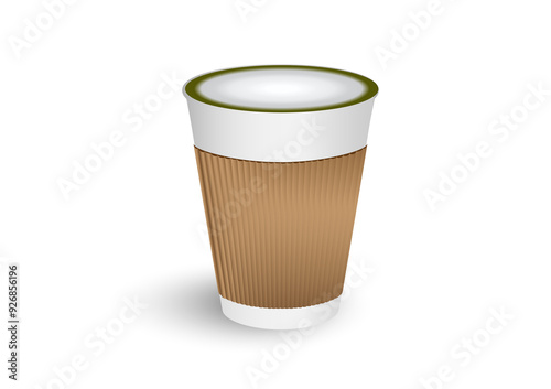 Hot green tea latte in white paper container cup with brown sleeve in white background