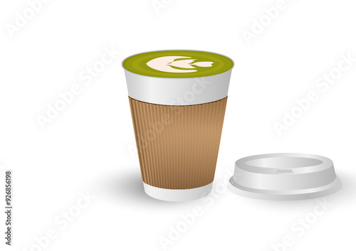 Hot green tea latte in white paper container cup with brown sleeve in white background